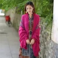 盛世尼曼春夏女围巾文艺民族风棉麻披肩透气防晒两用沙滩海边花朵刺绣丝巾