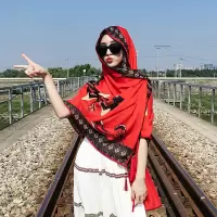 盛世尼曼艾尤 复古文艺木珠流苏韩版百搭长款红色丝巾围巾女旅游防晒披肩