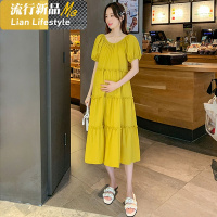 shengshi孕妇装装时尚潮妈一字肩宽松大码过膝长裙期简约连衣裙
