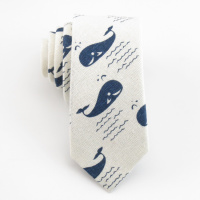 盛世曼尼蓝色鲸鱼印花 男士韩版窄领带 6CM亚麻米白色细领带 个性时尚