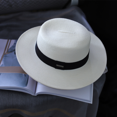 盛世尼曼枥野网红同款平顶夏款遮阳帽子女米白色大沿礼帽英伦复古男爵士帽帽子