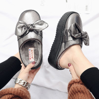 盛世尼曼秋冬季新款居家保暖高跟皮棉拖鞋女时尚蝴蝶结厚底防滑月子松糕底孕妇鞋