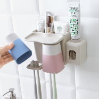 创意吸盘牙刷架小麦纤维牙刷杯架 自动挤牙膏器情侣漱 口杯 套装[无挤牙膏器]