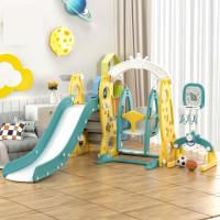 新款儿童室内游乐园塑料滑滑梯宝宝家用礼品滑梯秋千组合-全封闭]火箭滑梯秋千篮球架组合+框 