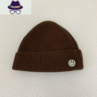 ins韩版保暖针织帽女秋冬百搭毛线帽日系显白脸小贴布熊帽子蓝色 FISH BASKET