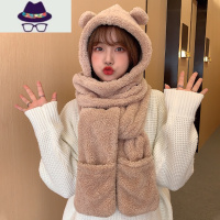 小熊帽子女可爱百搭秋冬季韩版潮流保暖手套围脖一体护耳防寒帽子 FISH BASKET