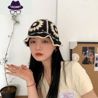 日系复古针织渔夫帽子女夏季编织镂空透气花朵盆帽网红百搭遮脸帽 FISH BASKET