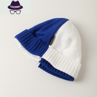 WN日系克莱因蓝色毛线帽女冬季蓝白拼色针织瓜皮帽子保暖冷帽男潮 FISH BASKET
