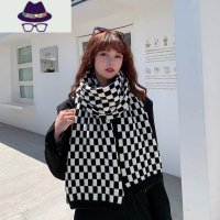 ins网红黑白棋盘格子围巾女秋冬韩版百搭针织保暖围脖冬季男围脖 FISH BASKET