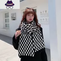 ins网红黑白棋盘格子围巾女秋冬韩版百搭针织保暖围脖冬季男围脖 FISH BASKET