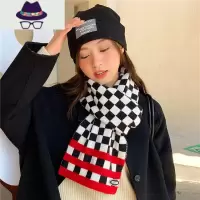 ins复古棋盘格学生风围巾女韩版百搭秋冬季保暖毛线针织格子围脖 FISH BASKET