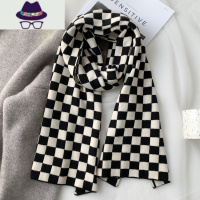 网红复古棋盘格围巾女韩版百搭秋冬季保暖毛线针织格子围脖ins潮 FISH BASKET