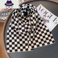 棋盘格格子围巾黑白女2021冬季新款百搭针织围脖保暖韩版秋冬季男 FISH BASKET