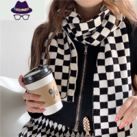 网红韩版百搭黑白棋盘格子ins围巾女秋冬季学生针织保暖围脖男潮 FISH BASKET