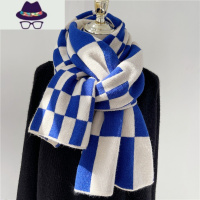 克莱因蓝色棋盘格子针织毛线围巾少女围脖学生加厚秋冬保暖百搭 FISH BASKET