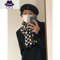 网红棋盘格子围巾女ins新款韩版秋冬百搭保暖围脖复古黑白格披肩 FISH BASKET