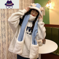 冬天女围巾手套帽子三件一体连帽可爱保暖毛绒小熊百搭围脖秋冬季 FISH BASKET