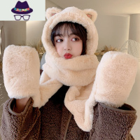 秋冬女保暖围巾帽子一体连帽可爱围脖韩版小熊毛绒护耳帽百搭冬季 FISH BASKET