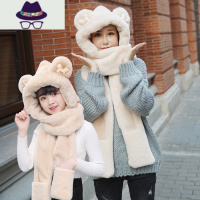 小熊帽子围巾一体女冬天冬季可爱亲子母女儿童连帽围脖手套三件套 FISH BASKET