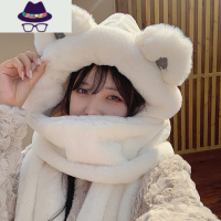 冬天加厚小熊帽子围巾一体女秋冬韩版可爱百搭骑车保暖手套护耳帽 FISH BASKET