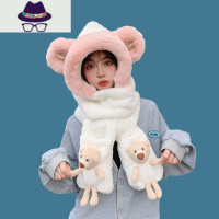 可爱萌系小熊帽子围巾一体女冬护耳学生保暖手套加厚白色毛毛围脖 FISH BASKET