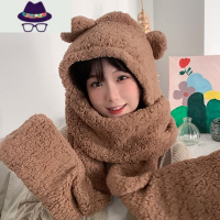 冬季百搭可爱连帽网红时尚保暖加绒小熊女秋冬护耳朵帽子围巾一体 FISH BASKET