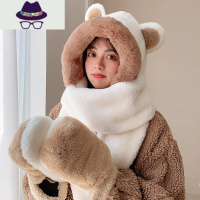 可爱小熊耳朵保暖帽子围巾一体加厚毛绒手套三件套骑车帽女秋冬季 FISH BASKET