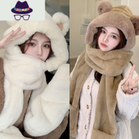 秋冬季小熊熊帽子围巾一体女冬天保暖毛绒手套三件套可爱百搭护耳 FISH BASKET