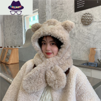 小熊护耳朵帽子女秋冬季可爱冬天毛绒围巾连帽一体百搭保暖ins潮 FISH BASKET