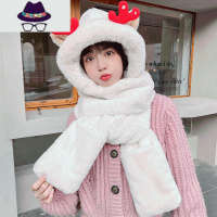 帽子女冬保暖可爱围脖毛绒帽圣诞小鹿手套围巾一体三件套百搭冬季 FISH BASKET