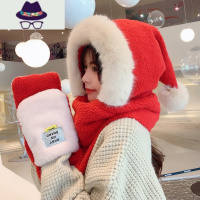 帽子女冬季小红帽可爱毛毛加厚保暖围巾手套一体三件套冬天护耳帽 FISH BASKET