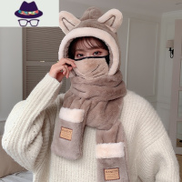 新款韩版可爱兔耳朵嗯保暖帽子围巾一体加厚毛绒三件套冬天防寒帽 FISH BASKET