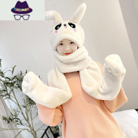 抖音网红兔子耳朵会动的帽子手套围巾一体女围脖围脖保暖三件套潮 FISH BASKET