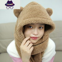 小熊护耳连体帽子围巾手套一体女冬季加厚可爱毛绒保暖百搭三件套 FISH BASKET