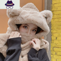 帽子女冬小熊围巾围脖一体百搭韩版可爱连帽手套保暖毛绒护耳朵潮 FISH BASKET
