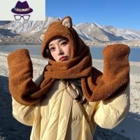 赵露思同款熊抱围巾一体小熊帽子女冬季毛绒护耳朵围脖手套三件套 FISH BASKET