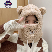 可爱小熊帽子女秋冬韩版骑车防风保暖雷锋帽护耳口罩围脖一体帽子 FISH BASKET