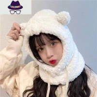 韩版小熊带口罩围巾一体帽子女冬季加厚毛绒围脖骑电动车护耳可爱 FISH BASKET