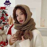 毛线帽子女秋冬韩版百搭连围巾一体帽冬季可爱护耳加厚保暖针织帽 FISH BASKET