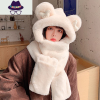 小熊耳朵围巾帽子一体女秋冬百搭毛绒围脖手套三件套可爱加厚保暖 FISH BASKET