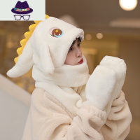 恐龙毛绒帽子女士甜美可爱会动耳朵围脖手套一体冬季三件套保暖帽 FISH BASKET