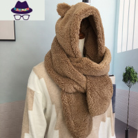 小熊护耳朵帽子围巾一体女秋冬季可爱加厚毛绒连体围脖保暖潮学生 FISH BASKET