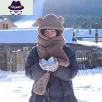 韩国RA金智妮Jennie同款小熊帽子围巾一体女冬羊羔绒毛绒保暖可爱 FISH BASKET