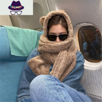 小熊网红帽子围巾一体女冬季加厚保暖围脖手套三件套连帽可爱骑车 FISH BASKET