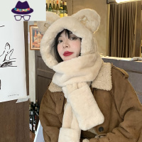 小熊帽子围巾一体女冬保暖可爱毛绒护耳骑车三件套手套围脖冬季 FISH BASKET