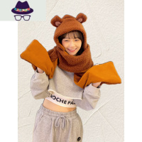 小熊帽子围巾一体女冬可爱加厚毛绒连体三件套保暖护耳朵熊抱围脖 FISH BASKET