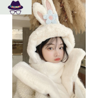 ins兔耳朵帽子冬天可爱冬季学生加绒保暖毛绒围脖围巾手套一体帽 FISH BASKET