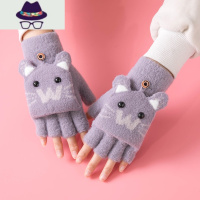 翻盖半指女五指绒毛呢冬打字保暖日韩儿童男露指加厚学生写字手套 FISH BASKET
