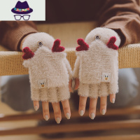 手套冬天女可爱加绒韩版卡通学生写字ins加厚棉保暖防寒毛线半指 FISH BASKET