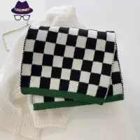 小众绿边~棋盘格围巾女冬季 韩国ulzzang保暖显白针织格子围脖 FISH BASKET